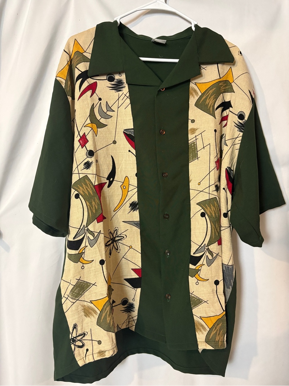 VTG Tutti Mens 3X Big & Tall Bowling Shirt Green Mid Century Modern Atomic Print
